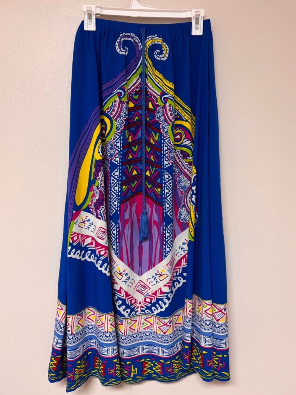 Boho Tribal Print Maxi Skirt Blue Multicolor Elastic Waist Statement Artsy L - Picture 3 of 9